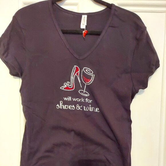Chris's Stuff "Will Work for Shoes & Wine" Black V Neck Embellished Tee size XL - Picture 1 of 1